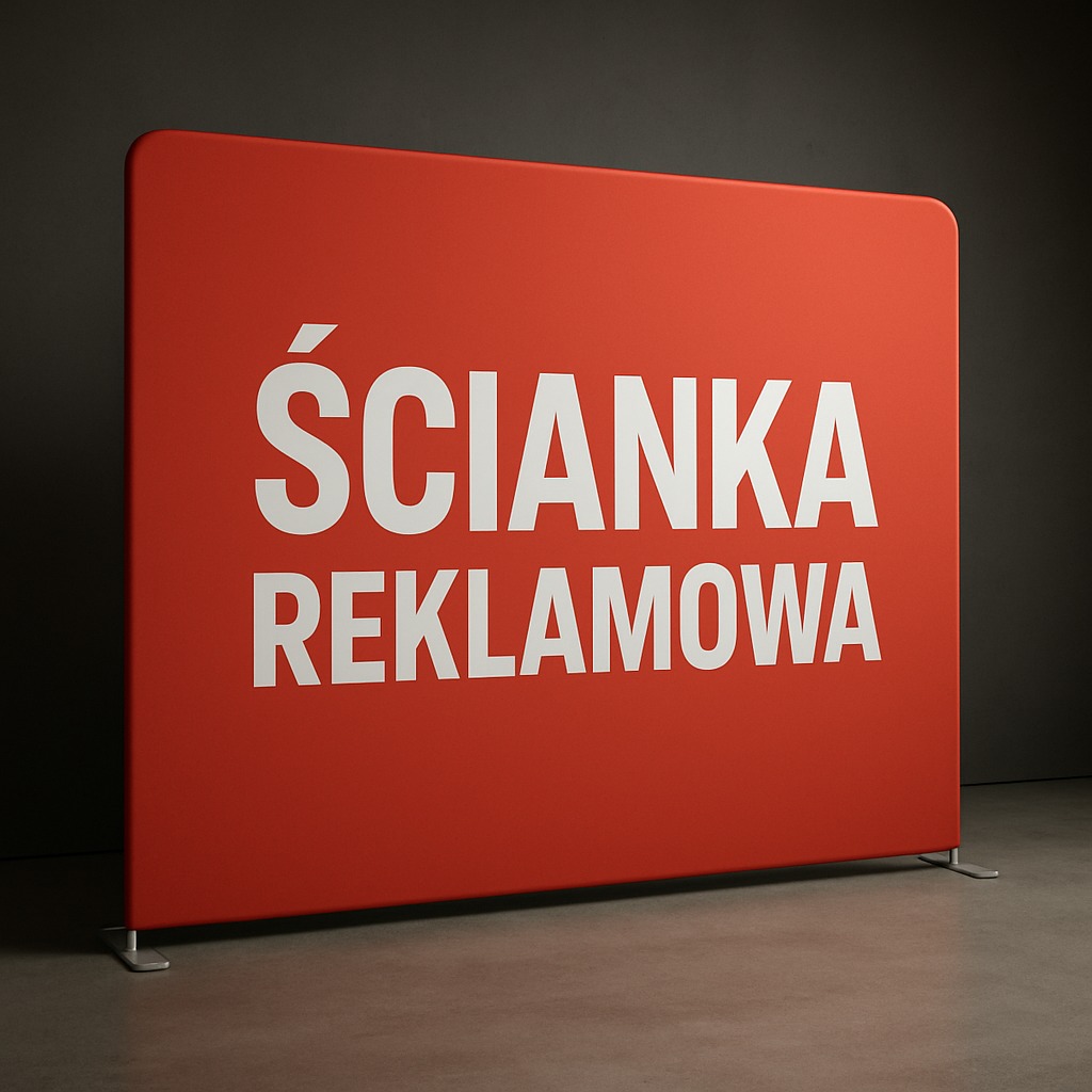 Czerwona ścianka reklamowa z białym napisem 'ŚCIANKA REKLAMOWA' na metalowym stelażu, ustawiona na szarym tle. Minimalistyczny design, oświetlenie studyjne.