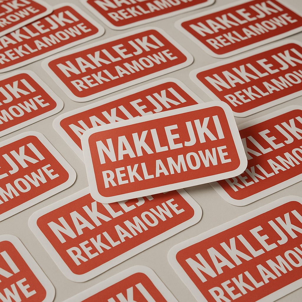 Czerwone, prostokątne naklejki reklamowe z zaokrąglonymi rogami, ułożone blisko siebie na jasnym tle. Widoczne napisy 'NAKLEJKI REKLAMOWE' w kolorze białym.