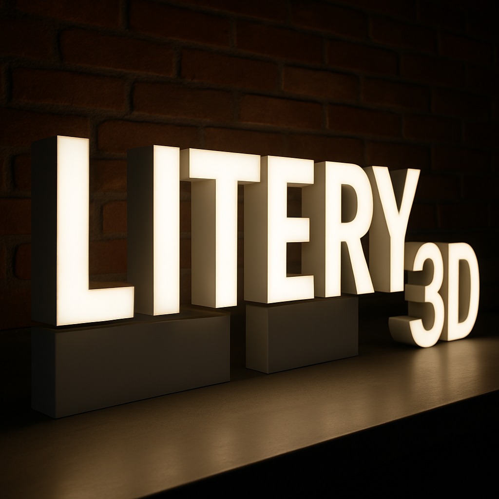Podświetlane litery 3D z napisem 'LITERY' na ciemnym tle z ceglaną ścianą. Nowoczesny design, ciepłe oświetlenie, widoczne cienie. Precyzyjne wykonanie.