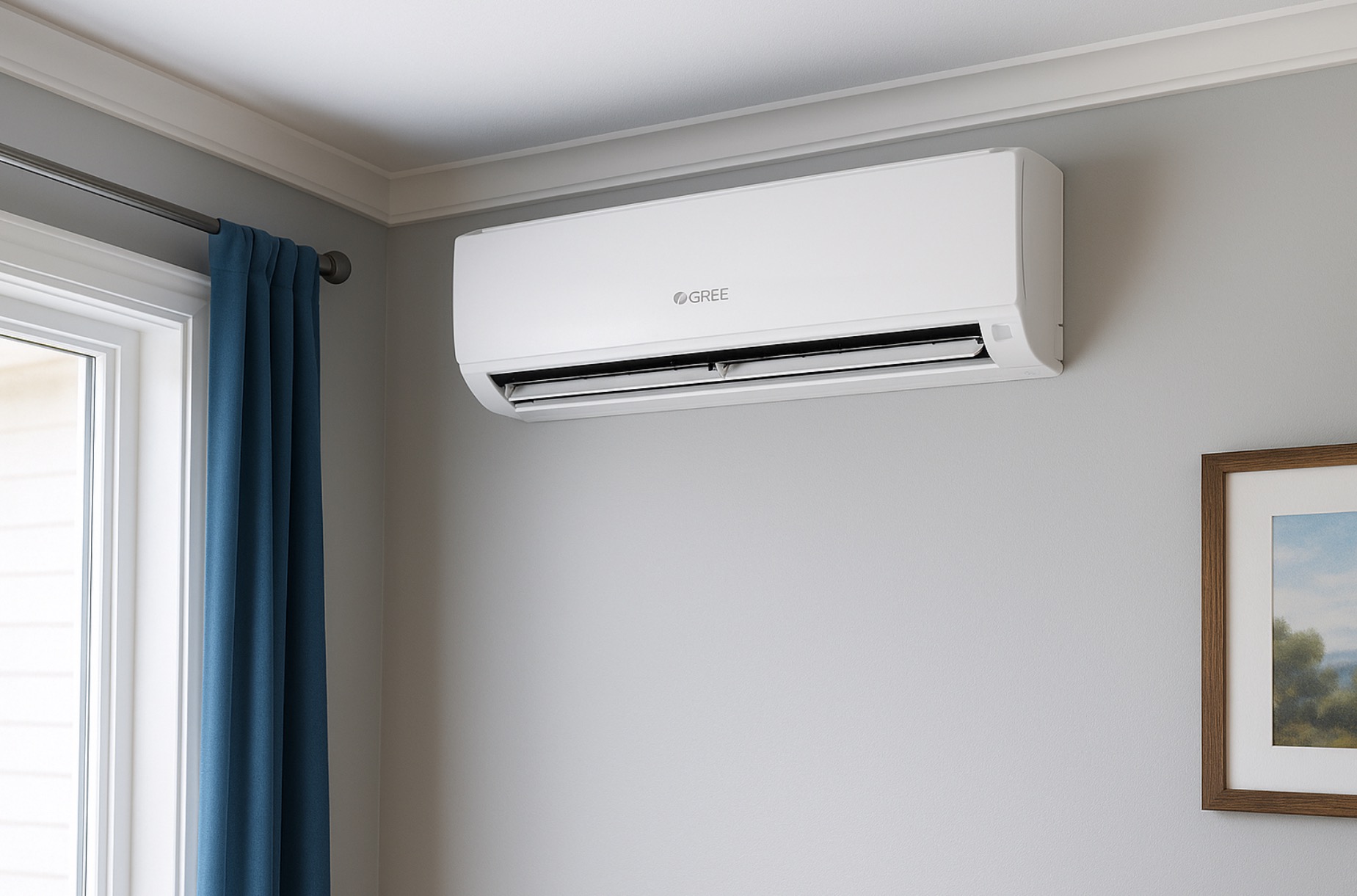 Biała klimatyzacja marki Gree zamontowana na szarej ścianie w pokoju z oknem i zasłoną. Widoczny obraz w ramie.