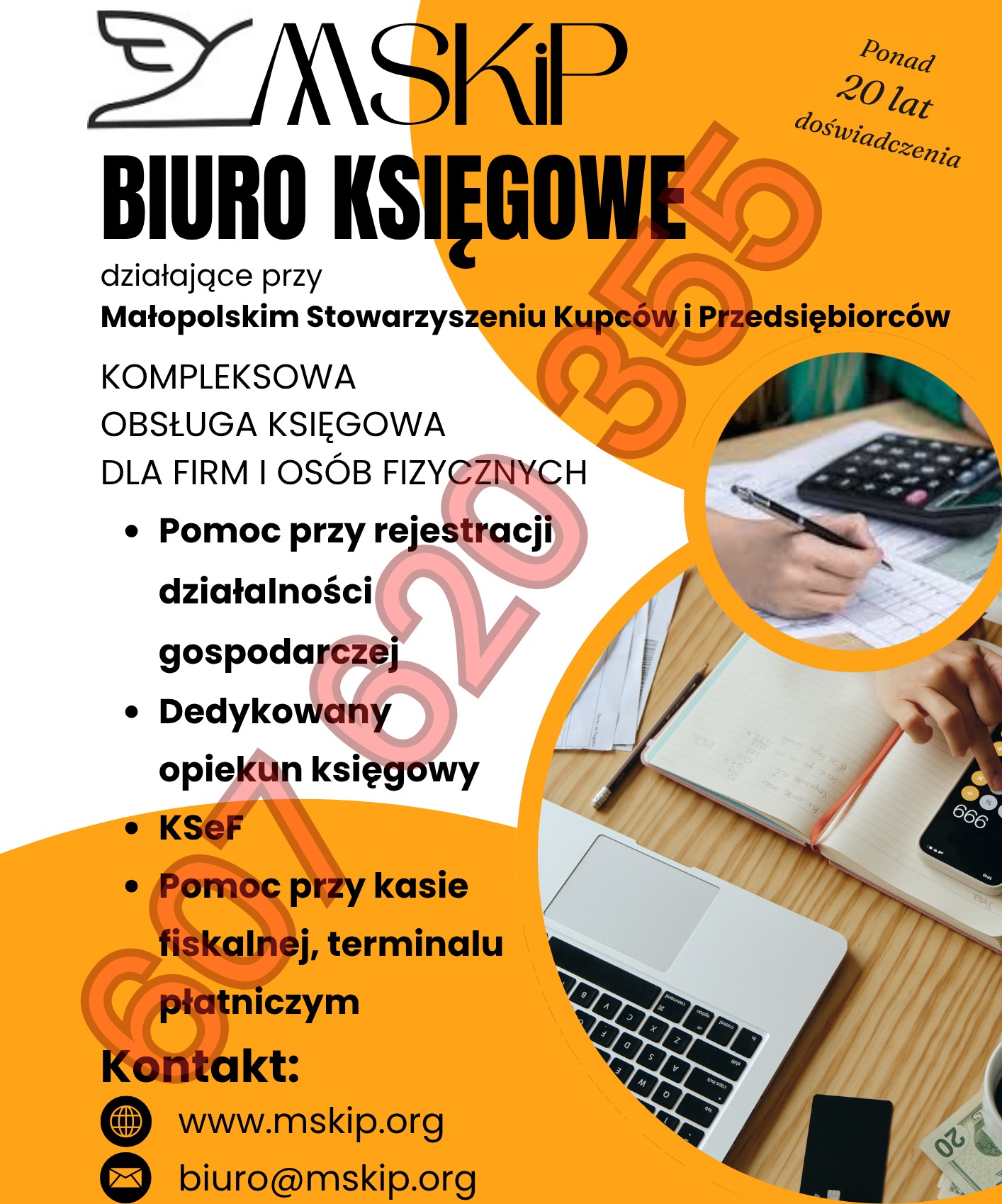 Żółto-biały baner Biura Księgowego MSKiP z ofertą kompleksowej obsługi księgowej, pomocą w rejestracji działalności i kontaktem. W tle kalkulator, laptop i notatnik.