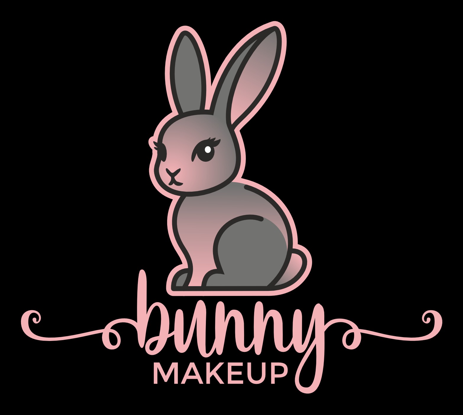 Ilustracja królika z długimi rzęsami nad napisem 'bunny MAKEUP' w odcieniach różu i szarości na czarnym tle. Grafika promująca usługi kosmetyczne.
