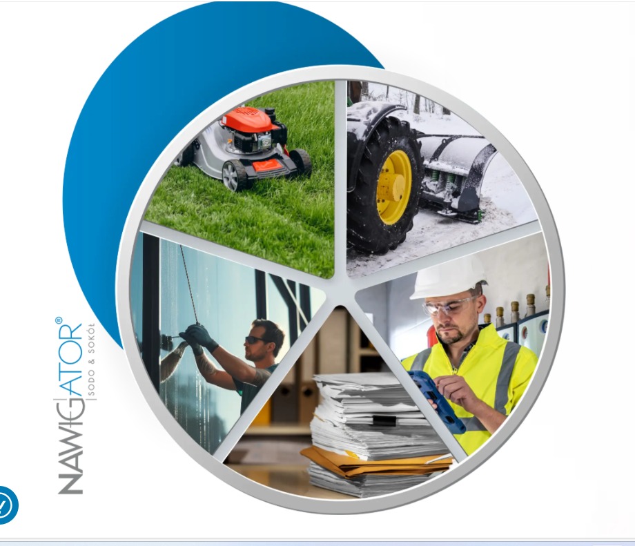 Kompozycja usług: koszenie trawy, odśnieżanie, mycie okien, nadzór dokumentacji. Pracownik w kasku i kamizelce analizuje dane. Różnorodność zadań w zarządzaniu nieruchomościami.