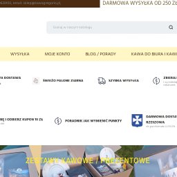 Dariusz Tomczyk - Strona internetowa sklepu z kawą Gregorio, z widocznym logo, menu, informacjami o darmowej dostawie i zestawami kawowymi/prezentowymi na dole strony.