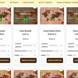 Dariusz Tomczyk - Oferta kaw ziarnistych z Brazylii i Etiopii w sklepie internetowym ze Strzyżowa. Grafika z mapą świata i flagami krajów pochodzenia kawy.