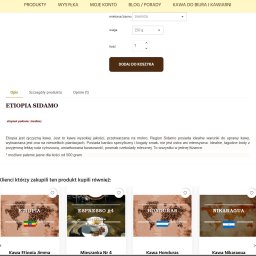 Dariusz Tomczyk - Strona produktu w sklepie internetowym z kawą Etiopia Sidamo. Widoczne opcje wyboru wagi, rodzaju ziarna oraz lista polecanych produktów.