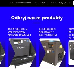 Dariusz Tomczyk - Strona internetowa producenta kompresorów: cztery modele kompresorów śrubowych z opisami na niebieskim tle. Widoczne logo DC Discover Compressor.