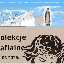 Dariusz Tomczyk - Zrzut ekranu strony internetowej parafii z informacją o rekolekcjach parafialnych. W tle widać budynek kościoła i figurę Matki Boskiej.
