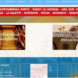 Dariusz Tomczyk - Strona internetowa parafii z ogłoszeniami i intencjami mszalnymi. Widoczne menu nawigacyjne i informacje o mszach świętych. Elementy graficzne w stonowanej kolorystyce.