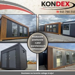 KONDEX - Kompozycja z pawilonami z płyt warstwowych marki Kondex. Pawilony o różnej stylistyce i kolorystyce, z widocznymi detalami wykończenia. Dostawa na terenie całego kraju.