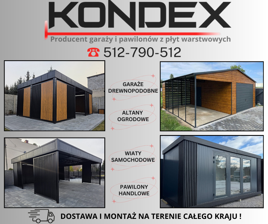 Kondex: Garaże drewnopodobne, altany, wiaty samochodowe i pawilony handlowe z płyt warstwowych. Dostawa i montaż na terenie całego kraju. Kontakt: 512-790-512.