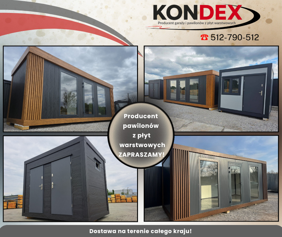 Kompozycja z pawilonami z płyt warstwowych marki Kondex. Pawilony o różnej stylistyce i kolorystyce, z widocznymi detalami wykończenia. Dostawa na terenie całego kraju.