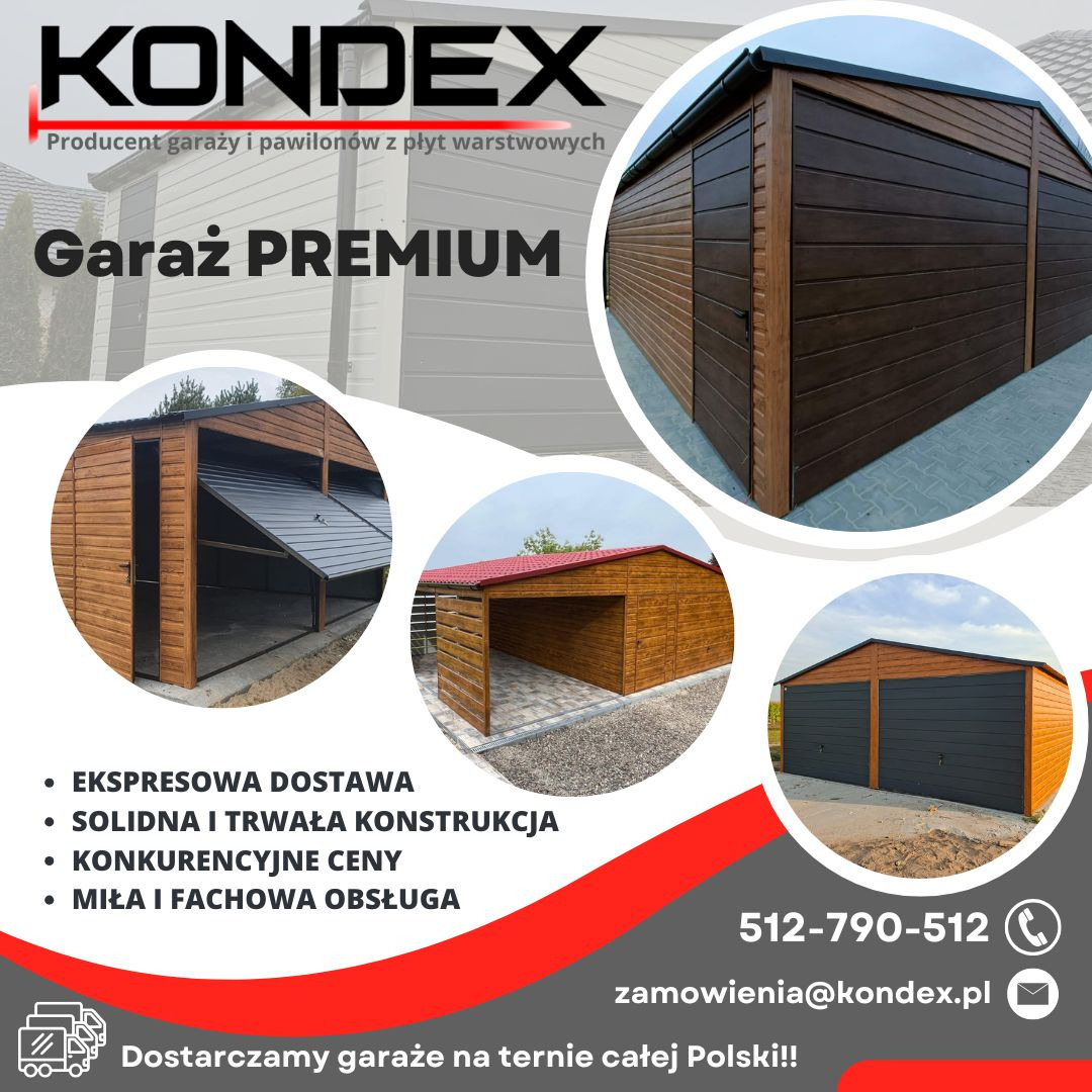 Kompozycja z trzech ujęć garaży blaszanych marki Kondex: dwukolorowy z bramą, otwarty z czerwonym dachem i brązowy z bocznymi drzwiami. Reklama z danymi kontaktowymi.