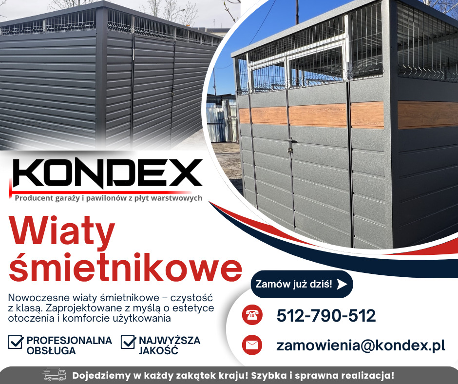 Szara wiata śmietnikowa z elementami drewnopodobnymi, prezentowana na tle błękitnego nieba. Konstrukcja z metalową kratką u góry. Widoczny fragment reklamy producenta.