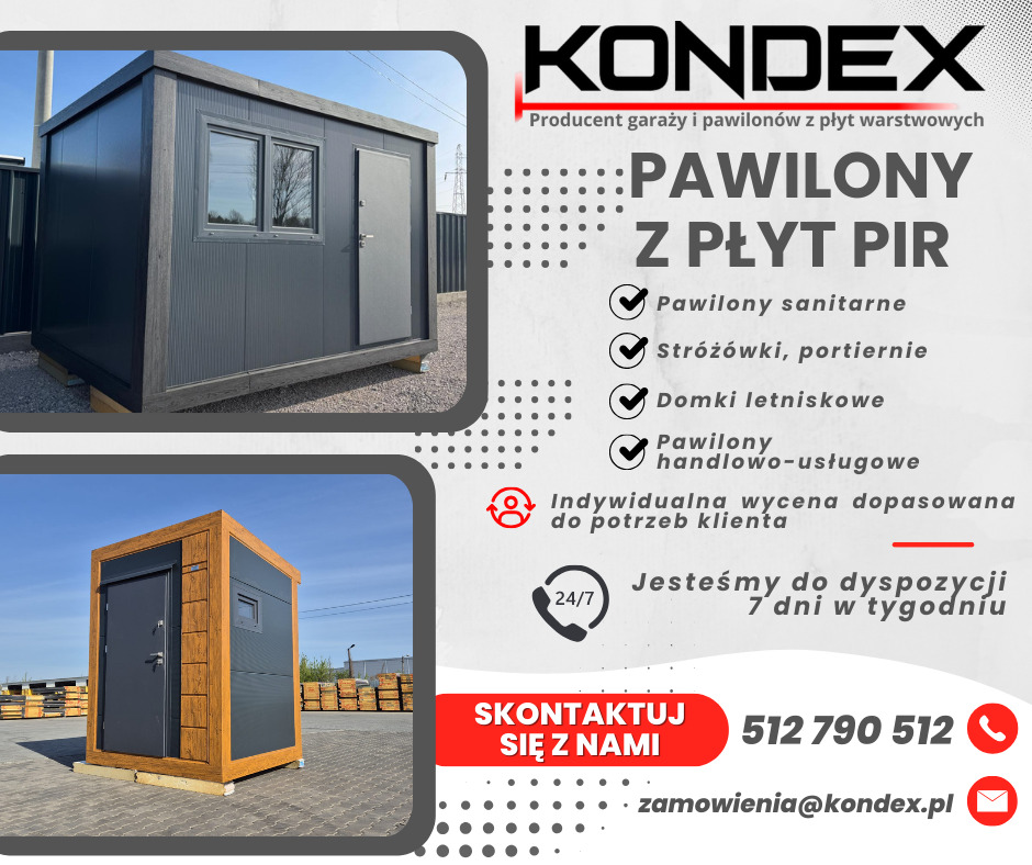 Nowoczesny pawilon z płyty warstwowej w dwóch ujęciach: z oknem i drzwiami, oraz z samymi drzwiami. Szara kolorystyka, minimalistyczny design.