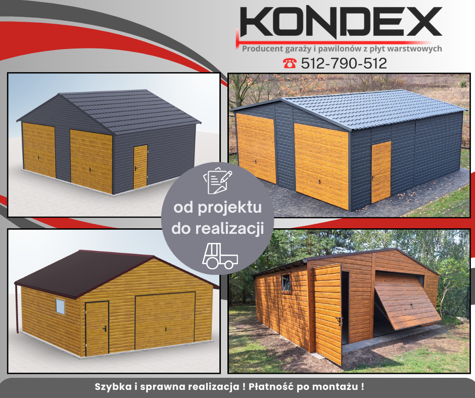 Kondex prezentuje: kolaż czterech garaży blaszanych z płyt warstwowych w różnych konfiguracjach i kolorach, od projektu do realizacji. Szybka realizacja i płatność po montażu.