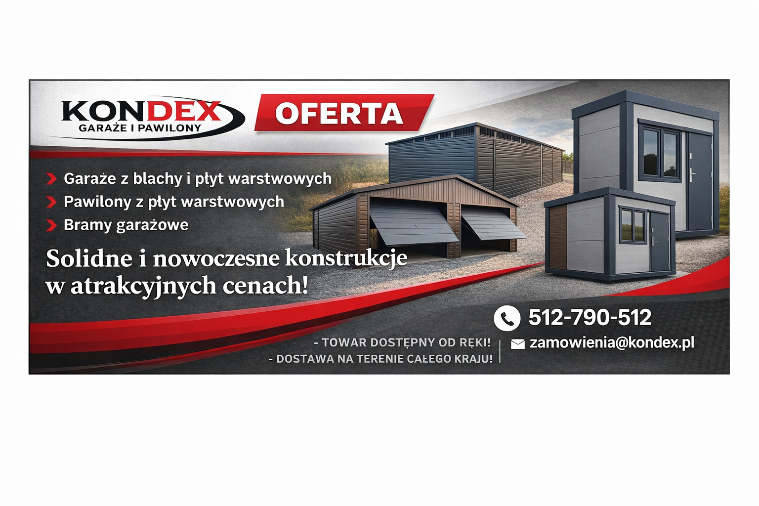 Oferta firmy Kondex: garaże blaszane, pawilony z płyt warstwowych i bramy garażowe. Solidne konstrukcje w atrakcyjnych cenach. Kontakt telefoniczny i mailowy.