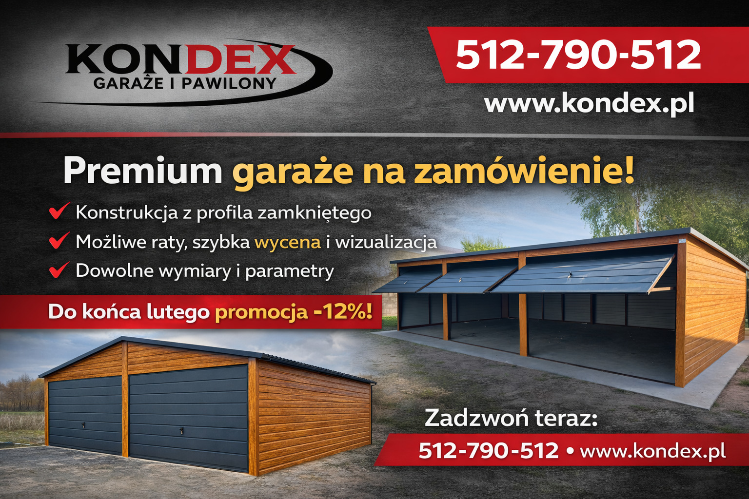 Dwa garaże blaszane z drewnianą elewacją i grafitowymi bramami, prezentowane na tle reklamy z numerem telefonu i hasłem 'Premium garaże na zamówienie!'.