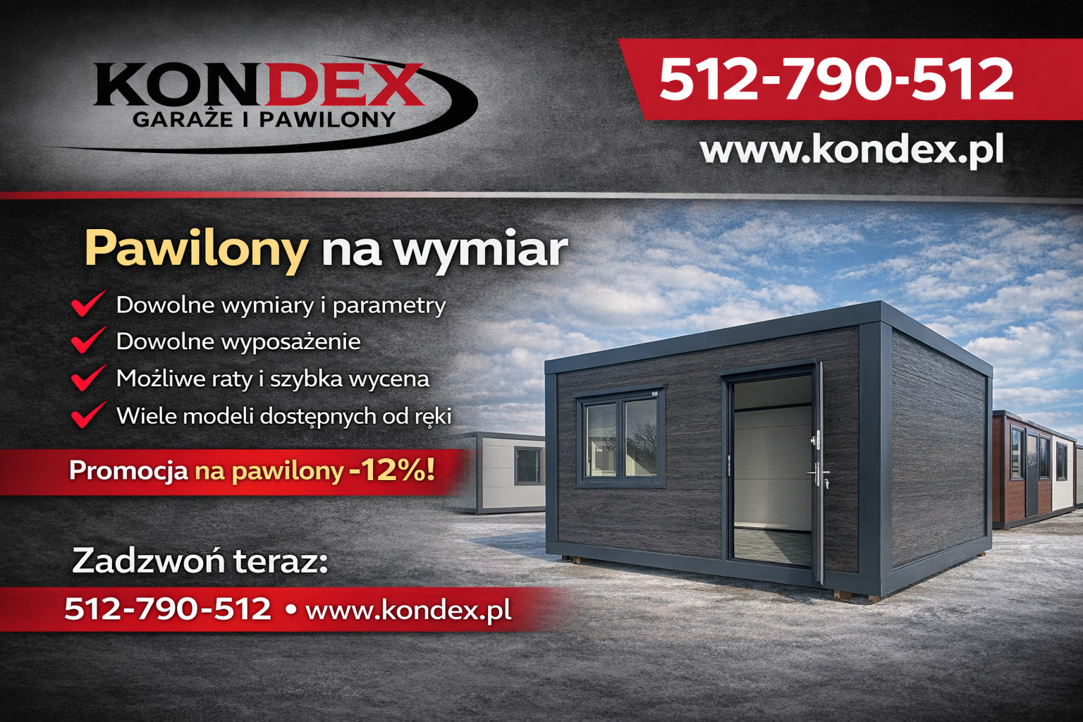 Pawilon modułowy z otwartymi drzwiami, prezentowany na tle błękitnego nieba. Reklama z informacją o promocji i kontaktem do firmy Kondex.