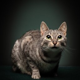 Jacek Krełowski Photography - Portret pręgowanego kota z zielonymi oczami na ciemnozielonym tle, wykonany w studio z profesjonalnym oświetleniem. Widoczne logo fotografa w dolnej części kadru.