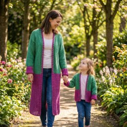 Krełowski Foto-Art - Mama z córką spacerują ścieżką w parku, obie ubrane w pasujące, ręcznie robione, zielono-fioletowe kardigany. Ciepłe światło słoneczne, naturalne otoczenie.