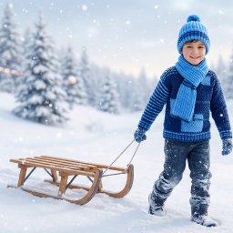 Krełowski Foto-Art - Uśmiechnięty chłopiec w niebieskim stroju ciągnie sanki na tle zimowego krajobrazu z ośnieżonymi domkami i choinkami. W tle dzieci na sankach.
