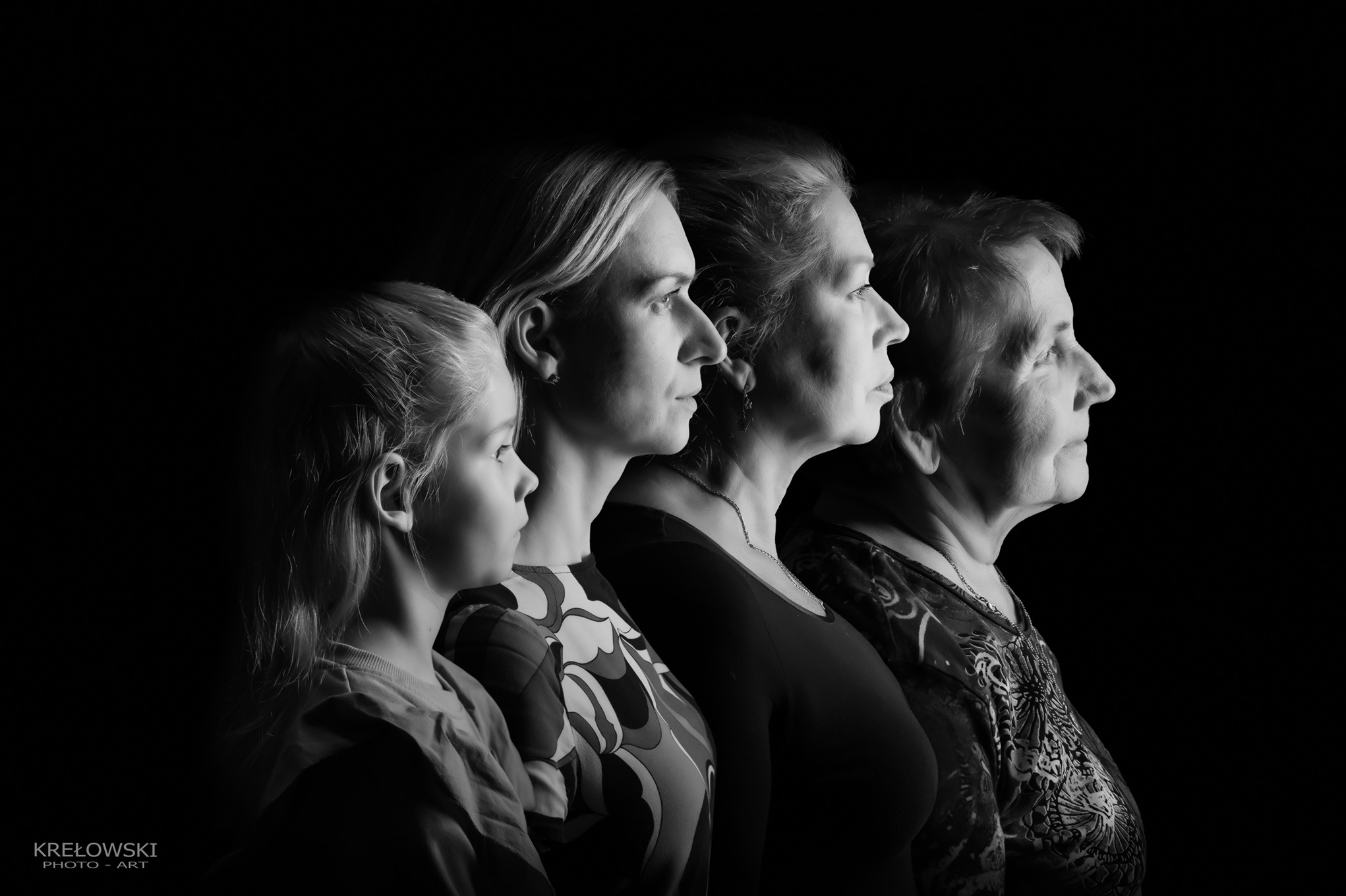 Czarno-białe portrety profilowe czterech kobiet w różnym wieku, ustawionych jedna za drugą, na ciemnym tle. Widoczne detale twarzy i ubrania.