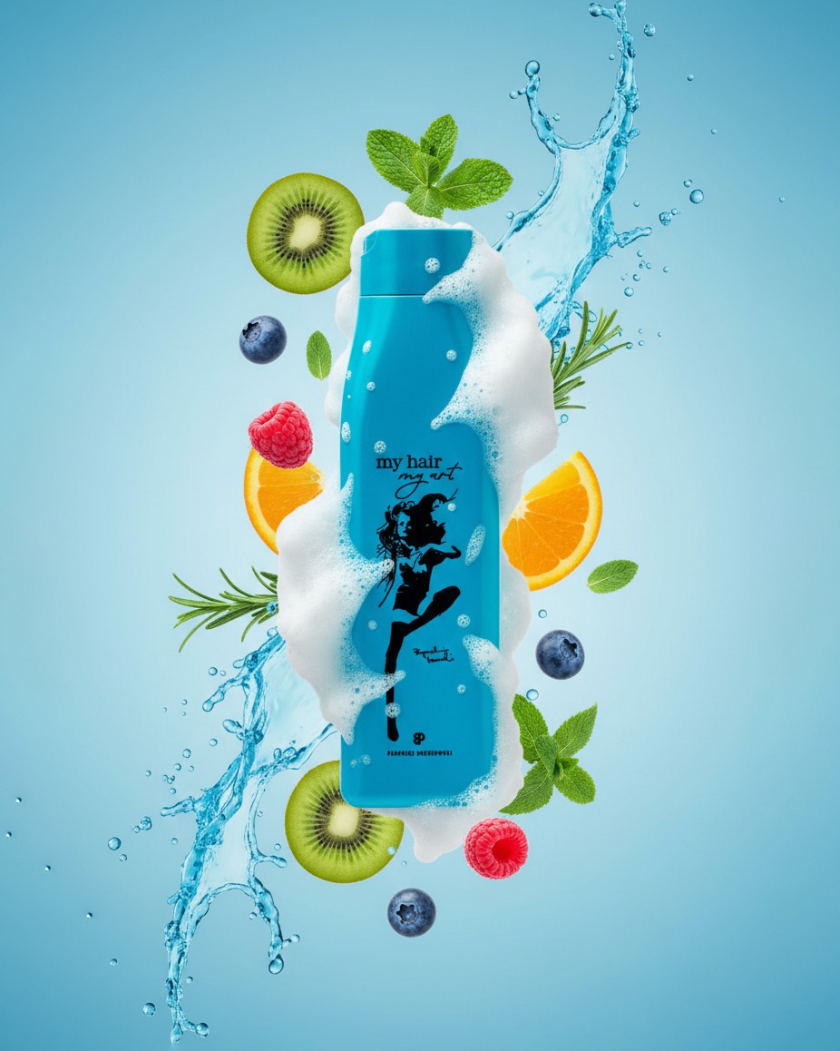 Błękitna butelka szamponu 'My Hair My Art' otoczona pianą, owocami kiwi, pomarańczy, malinami, borówkami i miętą na jasnoniebieskim tle z rozpryskami wody.