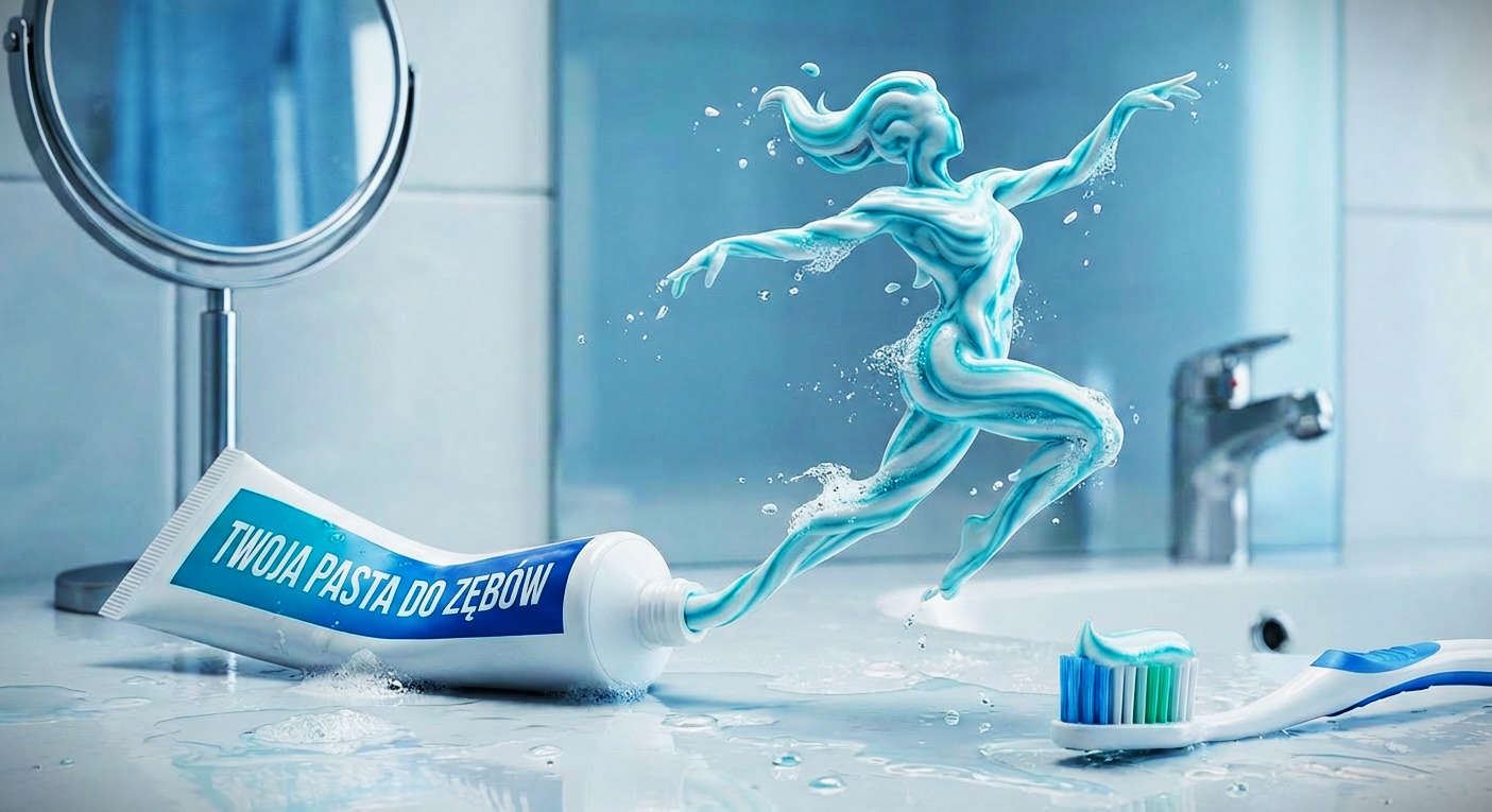 Kreatywne ujęcie pasty do zębów formującej postać tancerki, obok szczoteczka i lustro w łazience. Błękitna kolorystyka i krople wody dodają świeżości.
