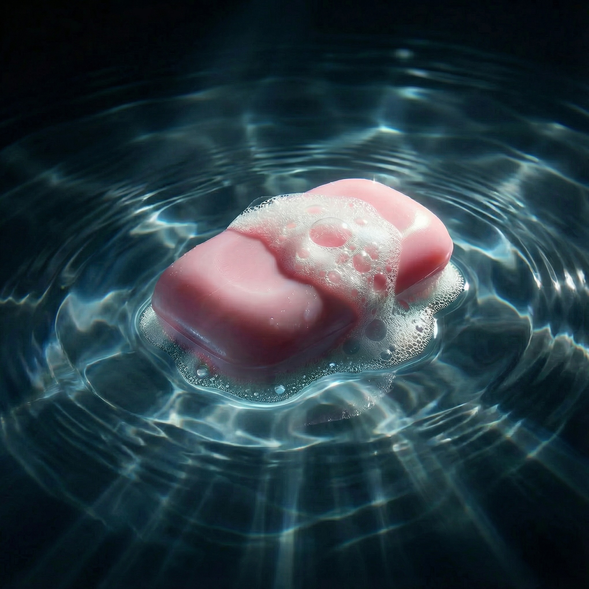 Różowe mydło w pianie, zanurzone w wodzie z refleksami świetlnymi. Delikatne bąbelki i subtelne oświetlenie tworzą relaksującą atmosferę. Idealne do kąpieli.