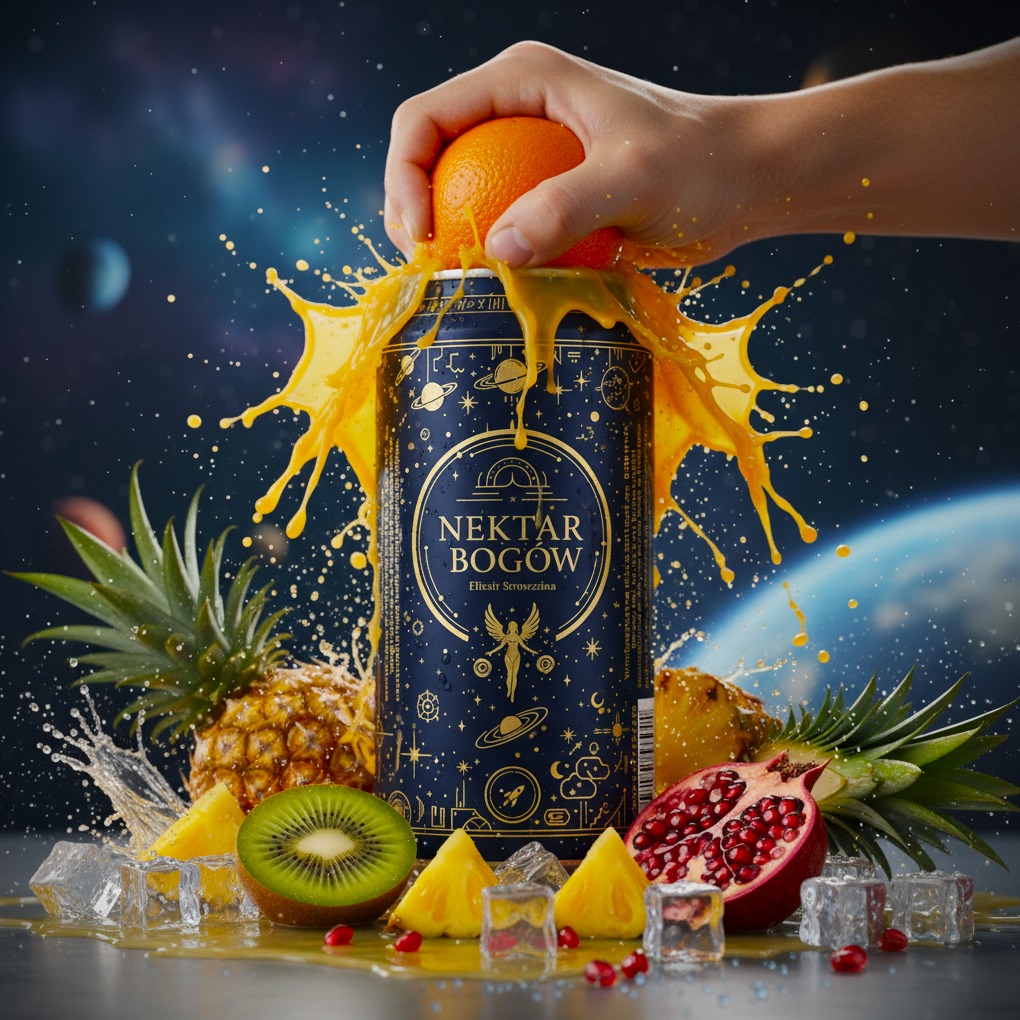Artystyczne ujęcie puszki napoju 'Nektar Bogów' z motywem kosmicznym, otoczonej egzotycznymi owocami i kostkami lodu, z pomarańczą wyciskającą sok. Dynamiczne rozpryski soku.