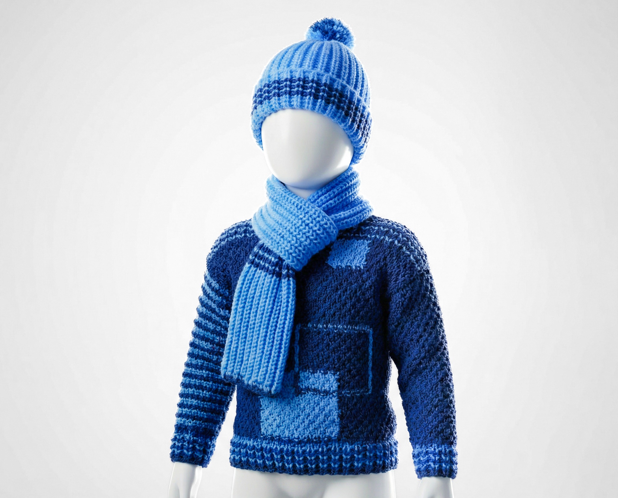 Niebieski, ręcznie robiony komplet: czapka z pomponem, szalik i sweter na manekinie. Różne odcienie niebieskiego, wyraźna faktura dzianiny, jednolite tło.