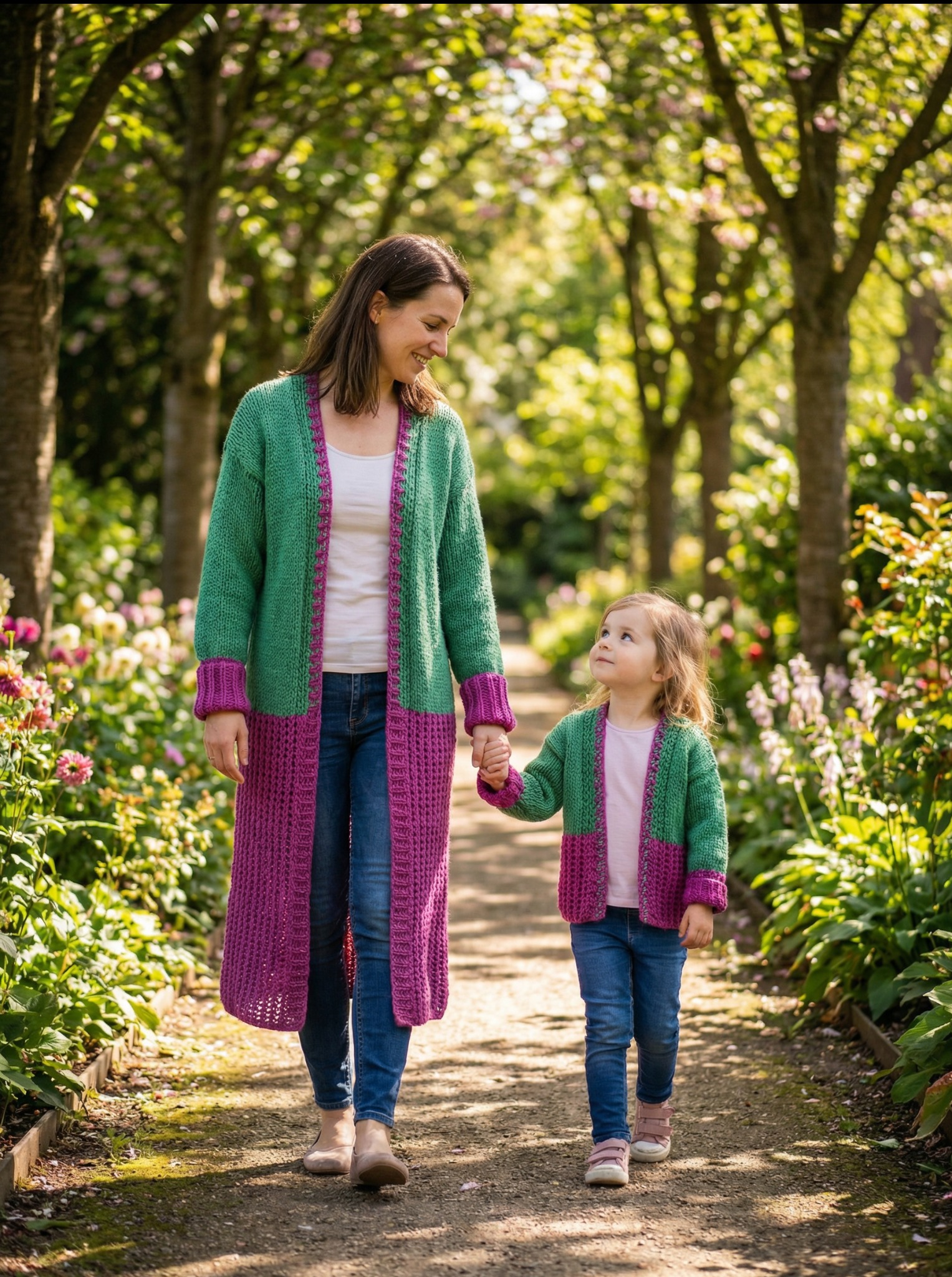 Mama z córką spacerują ścieżką w parku, obie ubrane w pasujące, ręcznie robione, zielono-fioletowe kardigany. Ciepłe światło słoneczne, naturalne otoczenie.