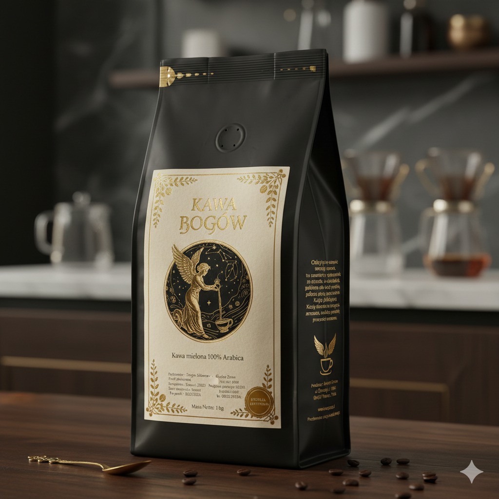 Eleganckie opakowanie kawy mielonej 'Kawa Bogów' na drewnianym blacie z rozsypanymi ziarnami i złotą łyżeczką. W tle ekspresy do kawy i ciemne meble.
