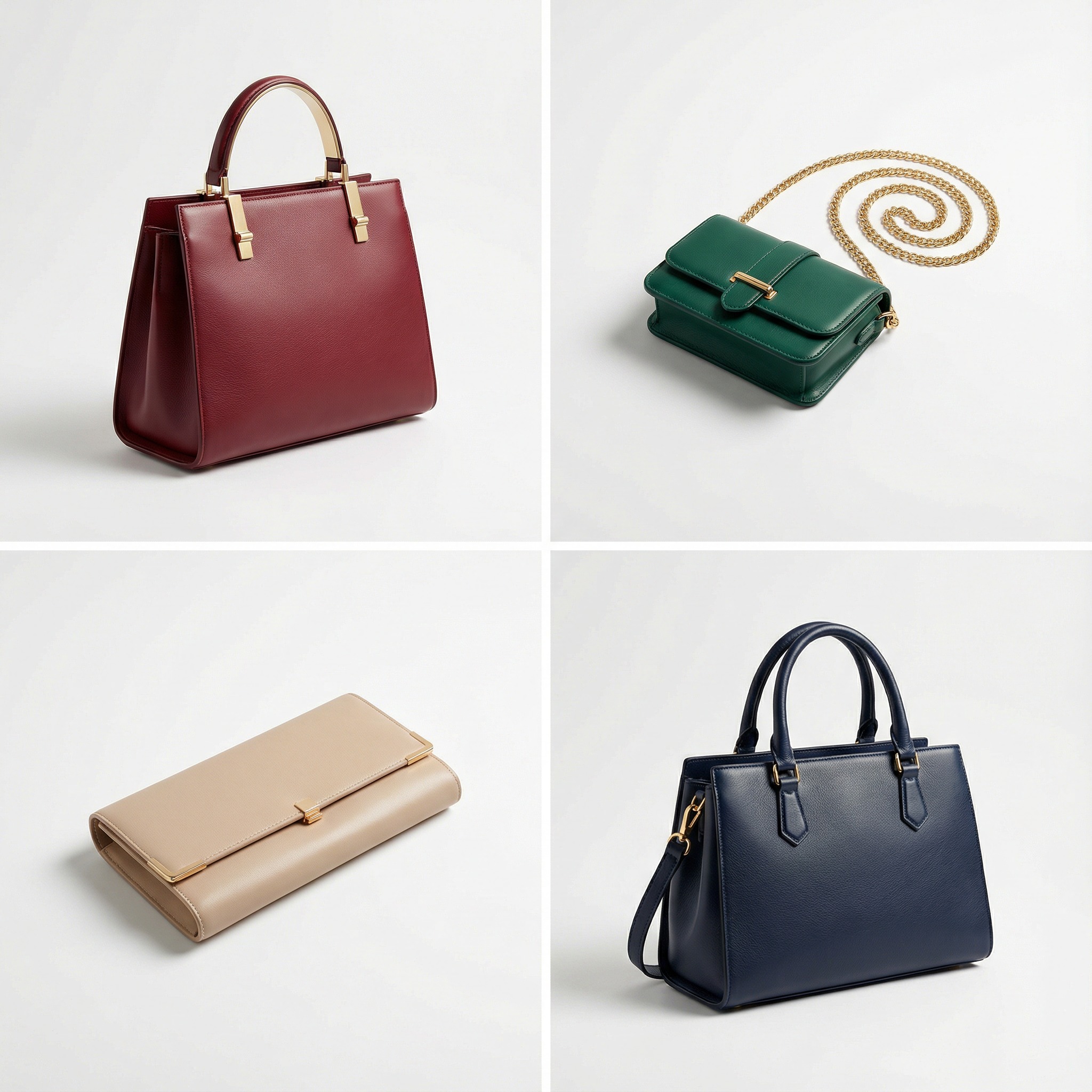 Kolaż czterech różnych torebek damskich: bordowej, zielonej na łańcuszku, beżowej kopertówki i granatowej z uchwytami, na białym tle. Minimalistyczna fotografia produktowa.