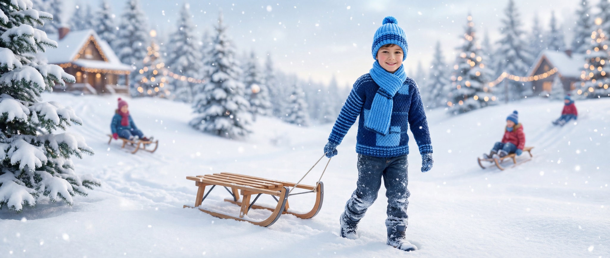 Uśmiechnięty chłopiec w niebieskim stroju ciągnie sanki na tle zimowego krajobrazu z ośnieżonymi domkami i choinkami. W tle dzieci na sankach.