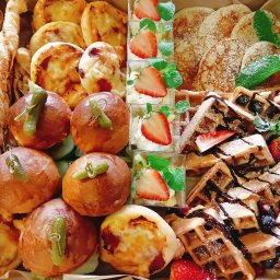 Red Target sp. z o o - Bogaty wybór przekąsek w pudełku: mini burgery z piklami, tartaletki, naleśniki, gofry z owocami i desery w kubeczkach, udekorowane miętą. Idealne na catering.