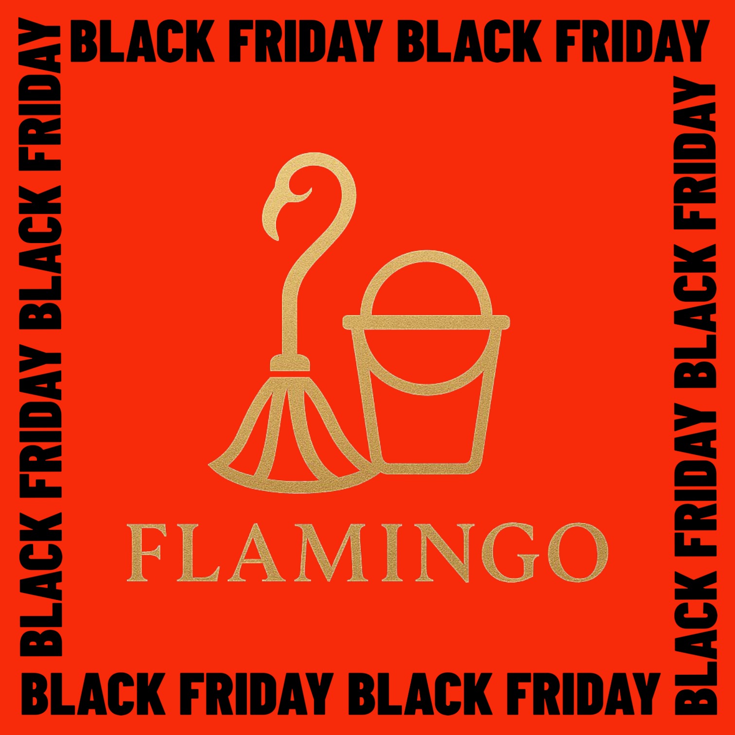 Grafika promocyjna: złoty flaming z wiadrem na czerwonym tle, otoczona napisem 'Black Friday'. Minimalistyczny design, kontrastowe kolory, nowoczesny styl.