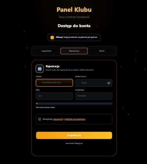 Grafika przestawia panel do logowania do dziennika klubu sportowego