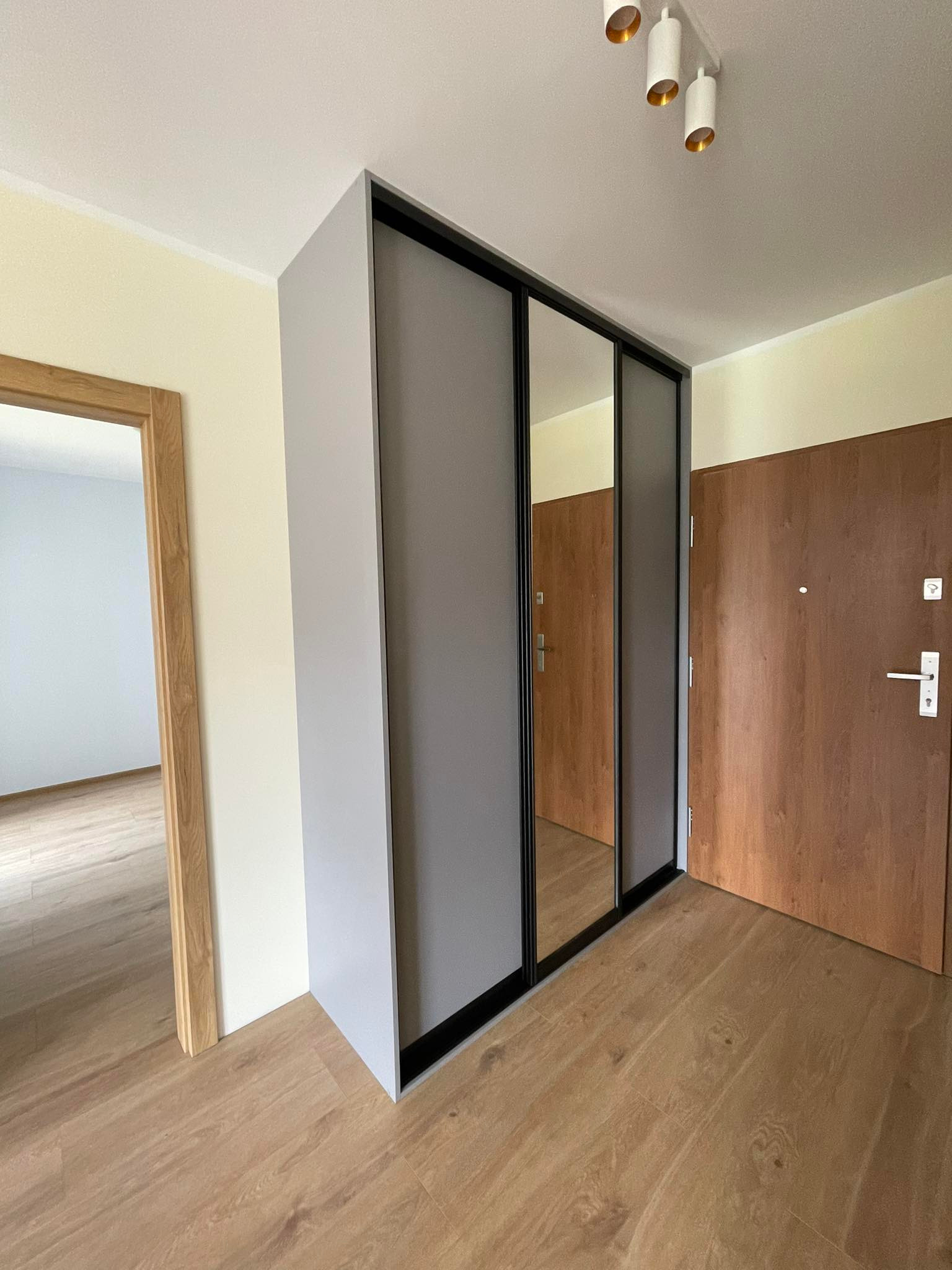 Szara szafa wnękowa z lustrzanymi drzwiami przesuwnymi, czarne obramowanie, widok z perspektywy podłogi, drewniana podłoga, drzwi wejściowe w tle.