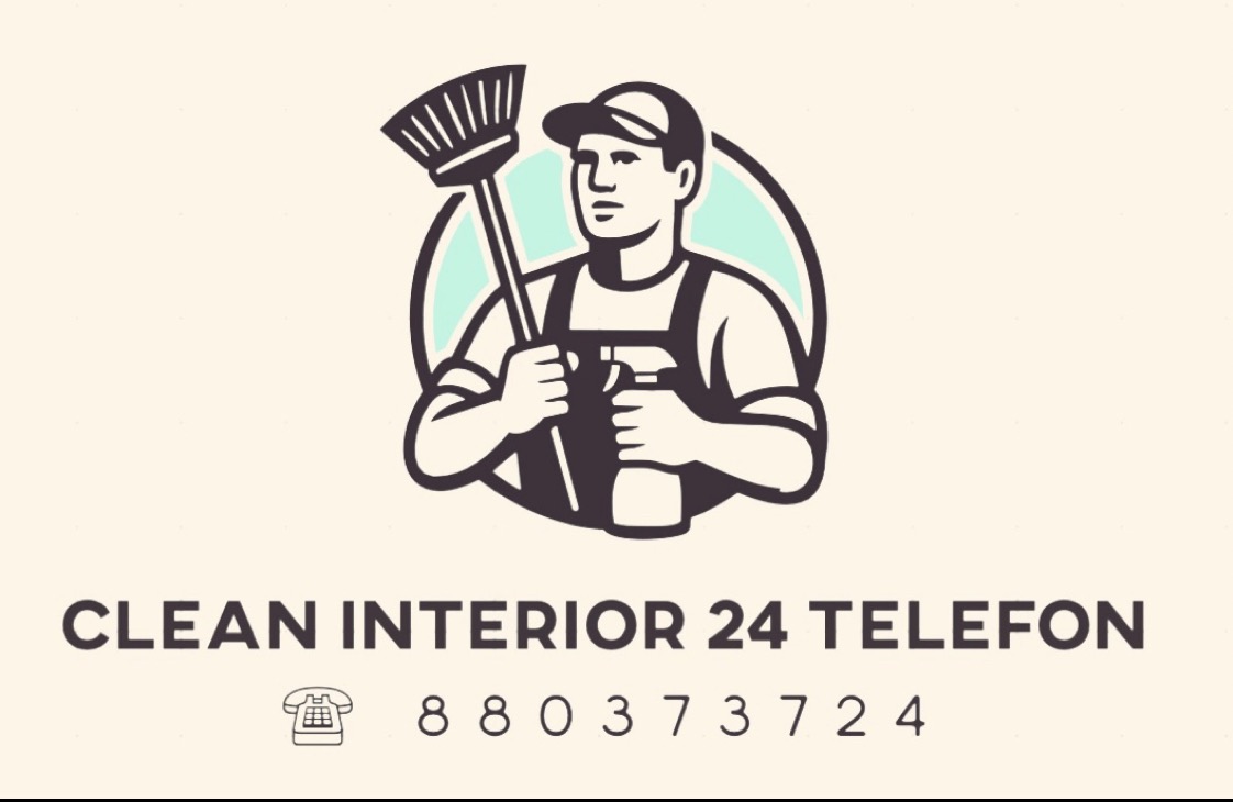 Grafika: Mężczyzna w kombinezonie z miotłą i spryskiwaczem, napis 'CLEAN INTERIOR 24 TELEFON' i numer telefonu. Ilustracja promująca usługi sprzątania.