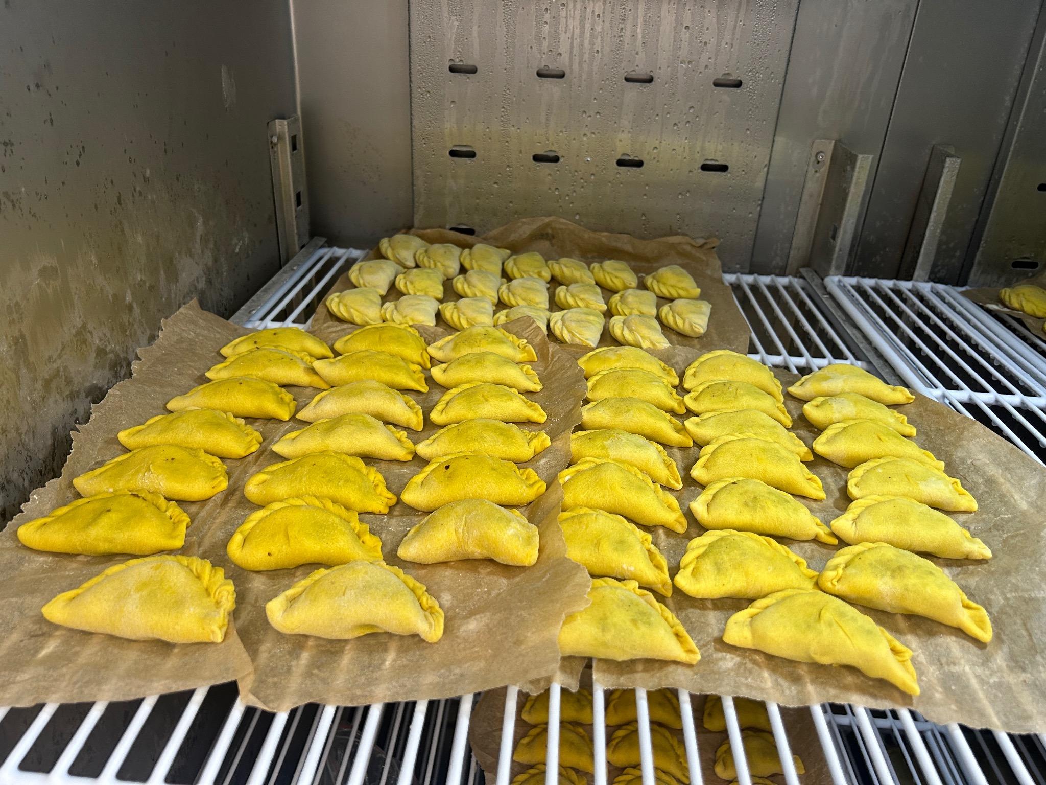 Ręcznie robione, żółte pierogi na papierze do pieczenia, ułożone w rzędach na metalowej półce w chłodni. Widoczne krople wody na ścianach chłodni.