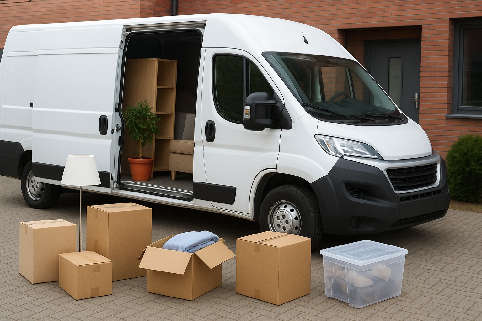 Biały van z otwartymi drzwiami, częściowo załadowany meblami i rośliną. Przed nim kartony i plastikowy pojemnik. Usługa transportowa lub przeprowadzka.