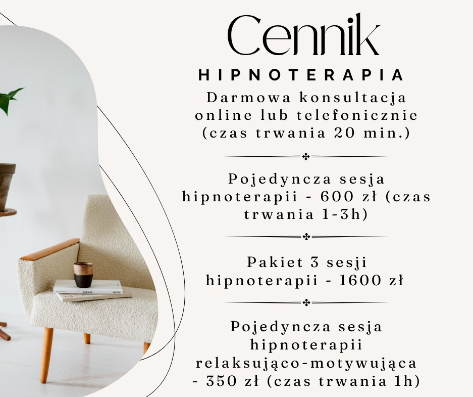 Cennik hipnoterapii z ofertą darmowej konsultacji online/telefonicznej, pojedynczej sesji i pakietu sesji, zaprezentowany w estetycznym, minimalistycznym stylu.