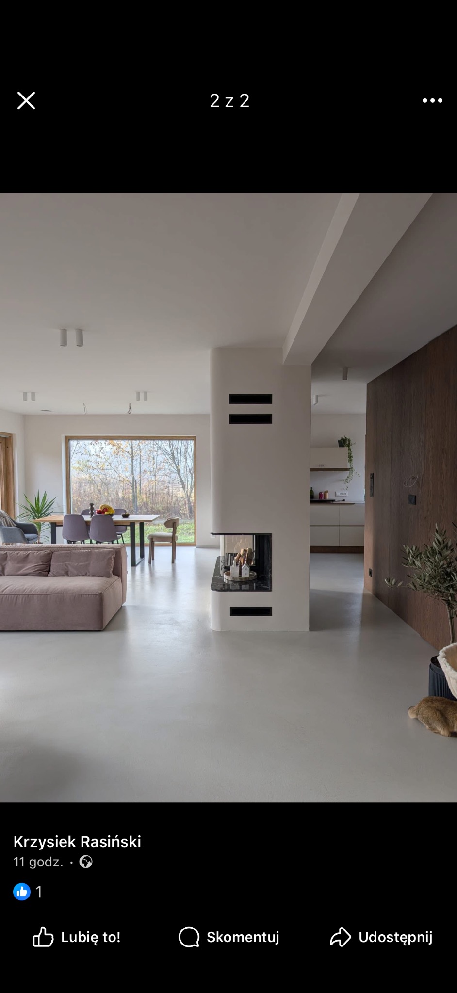 Nowoczesne wnętrze z szarym betonem architektonicznym na podłodze, minimalistycznym kominkiem i widokiem na ogród przez duże okno. W tle widoczna kuchnia.