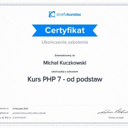 Certyfikat ukończenia szkolenia - Kurs PHP 7 - od podstaw