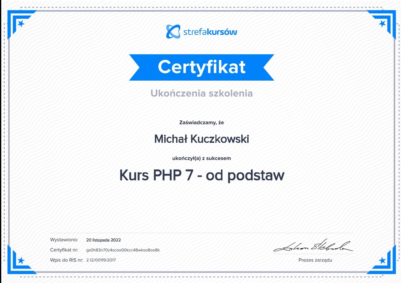 Certyfikat ukończenia szkolenia - Kurs PHP 7 - od podstaw