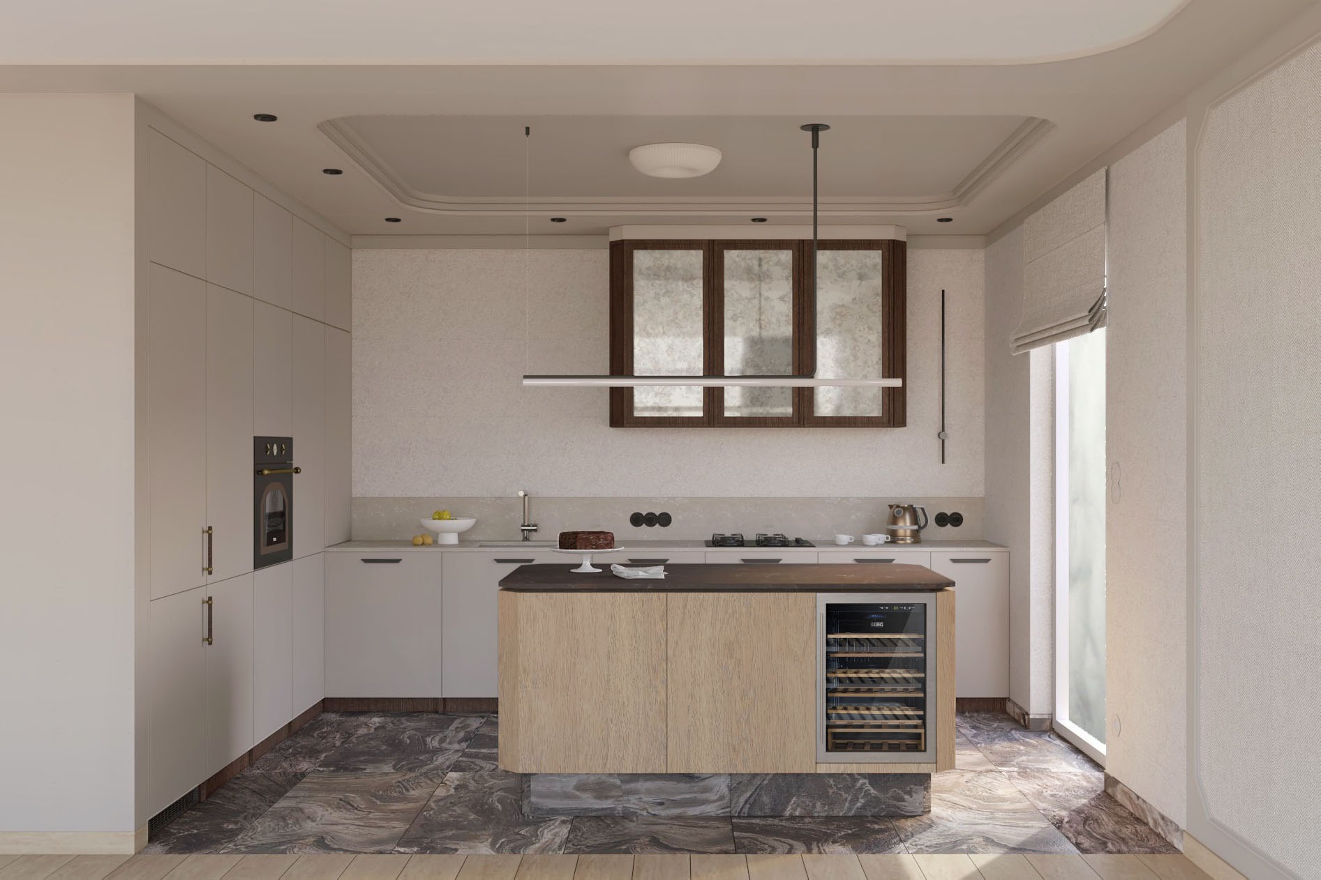 Jasna kuchnia z wyspą i wbudowaną chłodziarką na wino. Marmurowa podłoga, minimalistyczne oświetlenie i zabudowa kuchenna w odcieniach bieli i beżu.