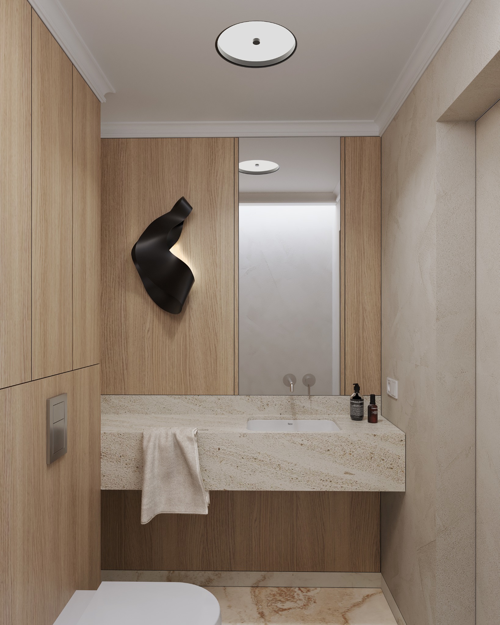 Nowoczesna łazienka z drewnianą zabudową, kamiennym blatem umywalki i designerskim oświetleniem ściennym. Minimalistyczny styl, beżowa kolorystyka, eleganckie wykończenie.