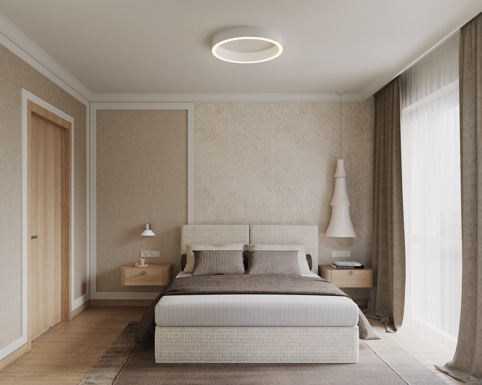 Neutralna sypialnia z łóżkiem w pepitkę, drewnianą podłogą i szafkami nocnymi. Okrągła lampa sufitowa i zwisająca lampa dodają nowoczesnego akcentu.